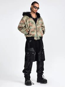 ROMWE MEN Paul Frank X ROMWE 男士長袖聯名迷彩寬鬆連帽衫 - 軍綠色 - 查看 1