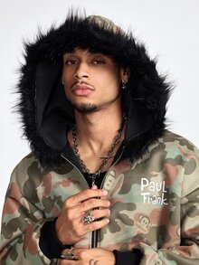 ROMWE MEN Paul Frank X ROMWE 男士長袖聯名迷彩寬鬆連帽衫 - 軍綠色 - 查看 6