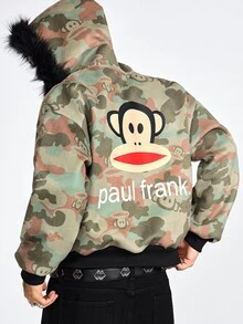 ROMWE MEN Paul Frank X ROMWE 男士長袖聯名迷彩寬鬆連帽衫 - 軍綠色 - 查看 3