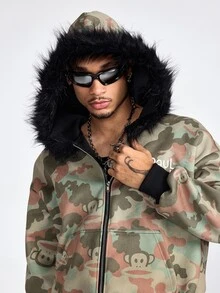 ROMWE MEN Paul Frank X ROMWE 男士長袖聯名迷彩寬鬆連帽衫 - 軍綠色 - 查看 7