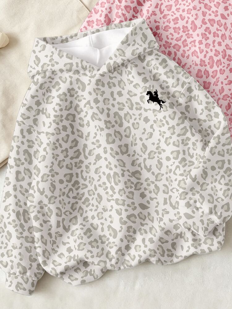 Teen Girls Fall Leopard Print Hoodie 2 Pcs, Grey & Pink Casual Autumn Pullover Sweatshirt - Multicolor - View 3