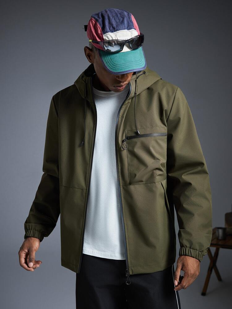 Caldwick Men's Hooded Drawstring Soft Shell Windproof Water-Resistant Jacket With Front Large Pockets, Zipper Storage, Suitable For Daily Wear, Bestseller - Army Green - View 11
