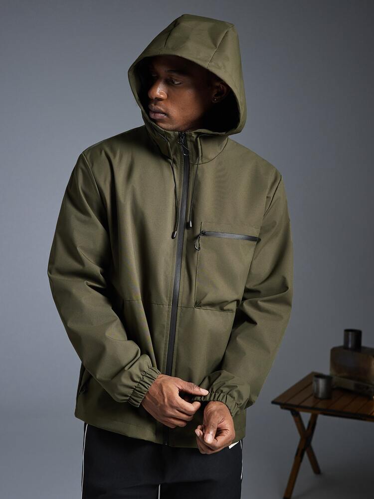 Caldwick Men's Hooded Drawstring Soft Shell Windproof Water-Resistant Jacket With Front Large Pockets, Zipper Storage, Suitable For Daily Wear, Bestseller - Army Green - View 9