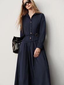 Aveloria Modichic Women's Dress Fitted Waist A-Line Woven Lapel Button Front Tie Asymmetrical Gold Buckle Elegant Casual Business Work Navy Blue Solid Midi Fall - Navy Blue - View 7