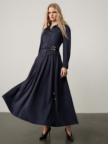 Aveloria Modichic Women's Dress Fitted Waist A-Line Woven Lapel Button Front Tie Asymmetrical Gold Buckle Elegant Casual Business Work Navy Blue Solid Midi Fall - Navy Blue - View 4