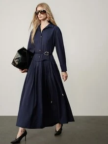 Aveloria Modichic Women's Dress Fitted Waist A-Line Woven Lapel Button Front Tie Asymmetrical Gold Buckle Elegant Casual Business Work Navy Blue Solid Midi Fall - Navy Blue - View 6