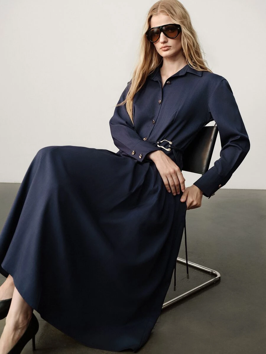 Aveloria Modichic Women's Dress Fitted Waist A-Line Woven Lapel Button Front Tie Asymmetrical Gold Buckle Elegant Casual Business Work Navy Blue Solid Midi Fall - Navy Blue - View 1