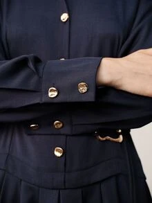 Aveloria Modichic Women's Dress Fitted Waist A-Line Woven Lapel Button Front Tie Asymmetrical Gold Buckle Elegant Casual Business Work Navy Blue Solid Midi Fall - Navy Blue - View 5