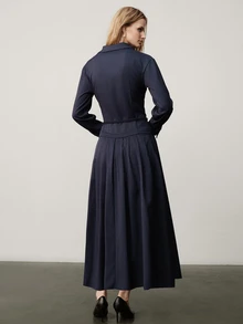 Aveloria Modichic Women's Dress Fitted Waist A-Line Woven Lapel Button Front Tie Asymmetrical Gold Buckle Elegant Casual Business Work Navy Blue Solid Midi Fall - Navy Blue - View 2