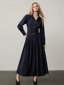 Aveloria Modichic Women's Dress Fitted Waist A-Line Woven Lapel Button Front Tie Asymmetrical Gold Buckle Elegant Casual Business Work Navy Blue Solid Midi Fall - Navy Blue - View 3