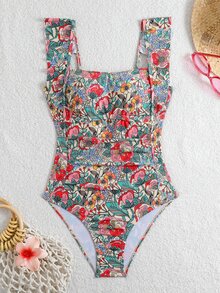 Swim Lushoire 女士夏季沙滩度假成熟随机印花荷叶边抹胸前扭结连体泳衣 - 彩色 - 查看 6