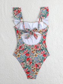 Swim Lushoire 女士夏季沙滩度假成熟随机印花荷叶边抹胸前扭结连体泳衣 - 彩色 - 查看 7