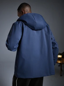 Caldwick 男士連帽抽繩軟殼防風夾克，戶外運動休閒外套，前大口袋與側拉鍊口袋設計 - 寶藍色 - 查看 5