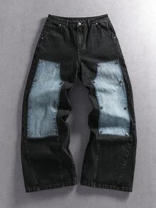 ROMWE MEN Street Life Celana Jeans Denim Pria Kasual Serbaguna untuk Perjalanan Sehari-hari dengan Saku, Kancing, dan Desain Blok Warna - MultiWarna - View 9