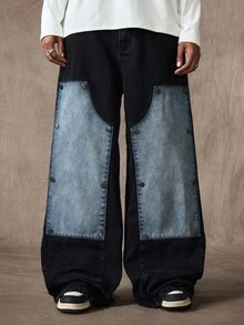 ROMWE MEN Street Life Celana Jeans Denim Pria Kasual Serbaguna untuk Perjalanan Sehari-hari dengan Saku, Kancing, dan Desain Blok Warna - MultiWarna - View 5