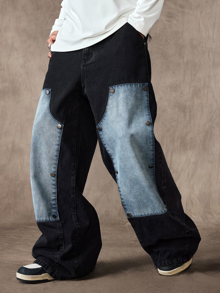 ROMWE MEN Street Life Celana Jeans Denim Pria Kasual Serbaguna untuk Perjalanan Sehari-hari dengan Saku, Kancing, dan Desain Blok Warna - MultiWarna - View 1
