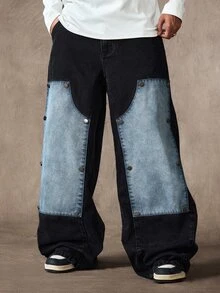 ROMWE MEN Street Life Celana Jeans Denim Pria Kasual Serbaguna untuk Perjalanan Sehari-hari dengan Saku, Kancing, dan Desain Blok Warna - MultiWarna - View 6