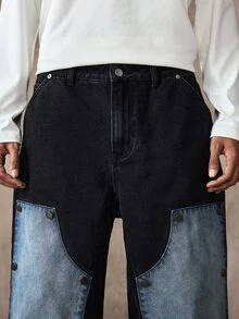 ROMWE MEN Street Life Celana Jeans Denim Pria Kasual Serbaguna untuk Perjalanan Sehari-hari dengan Saku, Kancing, dan Desain Blok Warna - MultiWarna - View 2