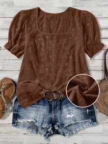 SHEIN LUNE Plus Size Women Floral Embroidery Pattern Casual Versatile Daily Wear Shirt - Brown - View 1