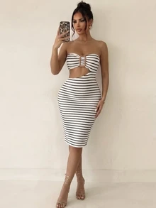 Sirith Women's Black And White Checkered Strapless Mid-Length Dress, Fashionable For Summer Night Out Vacation Sexy - Black and White - View 1