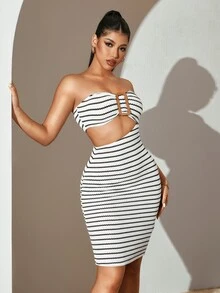 Sirith Women's Black And White Checkered Strapless Mid-Length Dress, Fashionable For Summer Night Out Vacation Sexy - Black and White - View 3