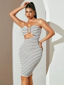 Sirith Women's Black And White Checkered Strapless Mid-Length Dress, Fashionable For Summer Night Out Vacation Sexy - Black and White - View 6