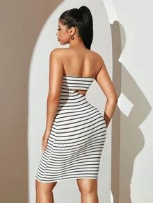 Sirith Women's Black And White Checkered Strapless Mid-Length Dress, Fashionable For Summer Night Out Vacation Sexy - Black and White - View 2