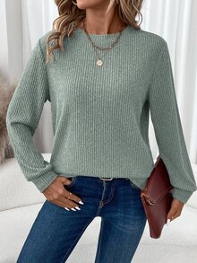 EMERY ROSE Women's Solid Ribbed Brushed Comfortable Crew Neck Long Sleeve Casual T-Shirt, Autumn/Winter,Fall,Fall Clothes For Women - Green - View 7