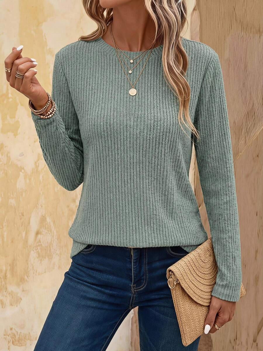 EMERY ROSE Women's Solid Ribbed Brushed Comfortable Crew Neck Long Sleeve Casual T-Shirt, Autumn/Winter,Fall,Fall Clothes For Women - Green - View 1