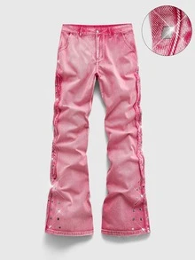 ROMWE MEN Men's Frayed Hem Rivet Design Casual Denim Jeans - Coral Pink - View 1