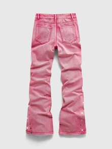 ROMWE MEN Men's Frayed Hem Rivet Design Casual Denim Jeans - Coral Pink - View 3
