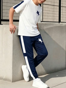 青少年男孩休閒舒適時尚極簡圓領短袖T恤與長褲套裝 - 彩色 - 查看 2