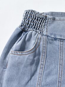SHEIN 青少年女孩高腰寬腿牛仔褲，休閒度假風，淺藍色水洗牛仔色，彈性腰帶 + 接縫開衩設計，寬鬆版型，柔軟舒適的棉質牛仔面料，適合日常穿著，適用於夏季度假、休閒出遊、通勤、聚會 - 淺色水洗藍 - 查看 5
