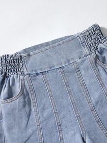 SHEIN 青少年女孩高腰寬腿牛仔褲，休閒度假風，淺藍色水洗牛仔色，彈性腰帶 + 接縫開衩設計，寬鬆版型，柔軟舒適的棉質牛仔面料，適合日常穿著，適用於夏季度假、休閒出遊、通勤、聚會 - 淺色水洗藍 - 查看 9