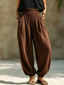 SHEIN Women's Casual Ruched Waist Loose Lantern Pants, Cuffed Hem Relaxed Long Pants - Coffee Brown - View 6