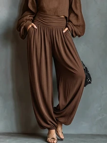 SHEIN Women's Casual Ruched Waist Loose Lantern Pants, Cuffed Hem Relaxed Long Pants - Coffee Brown - View 3
