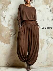 SHEIN Women's Casual Ruched Waist Loose Lantern Pants, Cuffed Hem Relaxed Long Pants - Coffee Brown - View 1