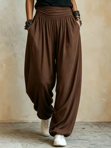 SHEIN Women's Casual Ruched Waist Loose Lantern Pants, Cuffed Hem Relaxed Long Pants - Coffee Brown - View 4