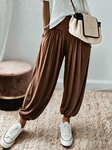 SHEIN Women's Casual Ruched Waist Loose Lantern Pants, Cuffed Hem Relaxed Long Pants - Coffee Brown - View 5