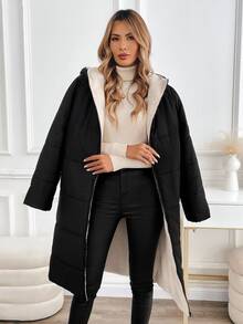 SHEIN Clasi Mantel Wanita Berkerudung dengan Resleting dan Lapisan Dalam Berbahan Quilt untuk Musim Gugur/Dingin - Hitam - View 9