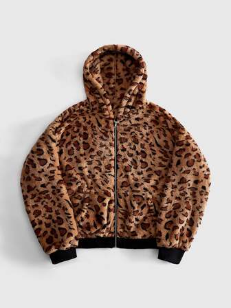 sweat-shirt à capuche zippé imprimé léopard décontracté pour homme, manches longues, usage quotidien