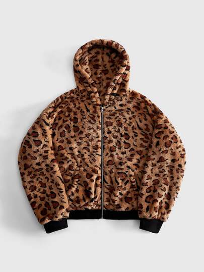 Sudadera casual de manga larga con capucha y cremallera con estampado de leopardo para hombre