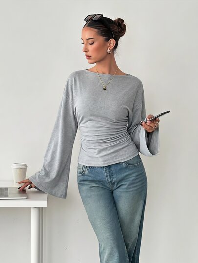 Siren Gaze Women's Autumn Casual Elegant Solid Color Waist-Cinching Sweatshirt Brunch Office Light Grey