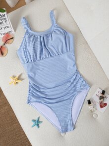 Balvessa 1pc Women's Summer Holiday Beach Vacation Minimalist Striped Knit Ruched Waist Spaghetti Strap One-Piece Swimsuit - Blue and White - View 6