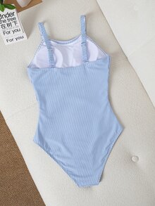 Balvessa 1pc Women's Summer Holiday Beach Vacation Minimalist Striped Knit Ruched Waist Spaghetti Strap One-Piece Swimsuit - Blue and White - View 7