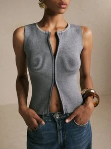 Poéselle Women's Solid Color Zipper Front Casual Knit Vest - Navy Blue - View 6