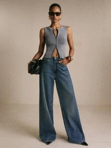 Poéselle Women's Solid Color Zipper Front Casual Knit Vest - Navy Blue - View 3