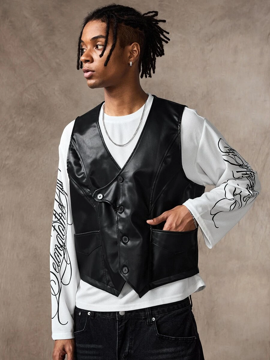 ROMWE MEN Men's Solid Color Casual Versatile Daily Wear Vest Top - Black - View 1
