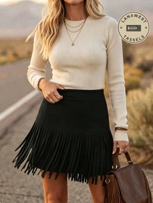 LanaWest Women's New Western Style Fringe Skirt - Black - View 6