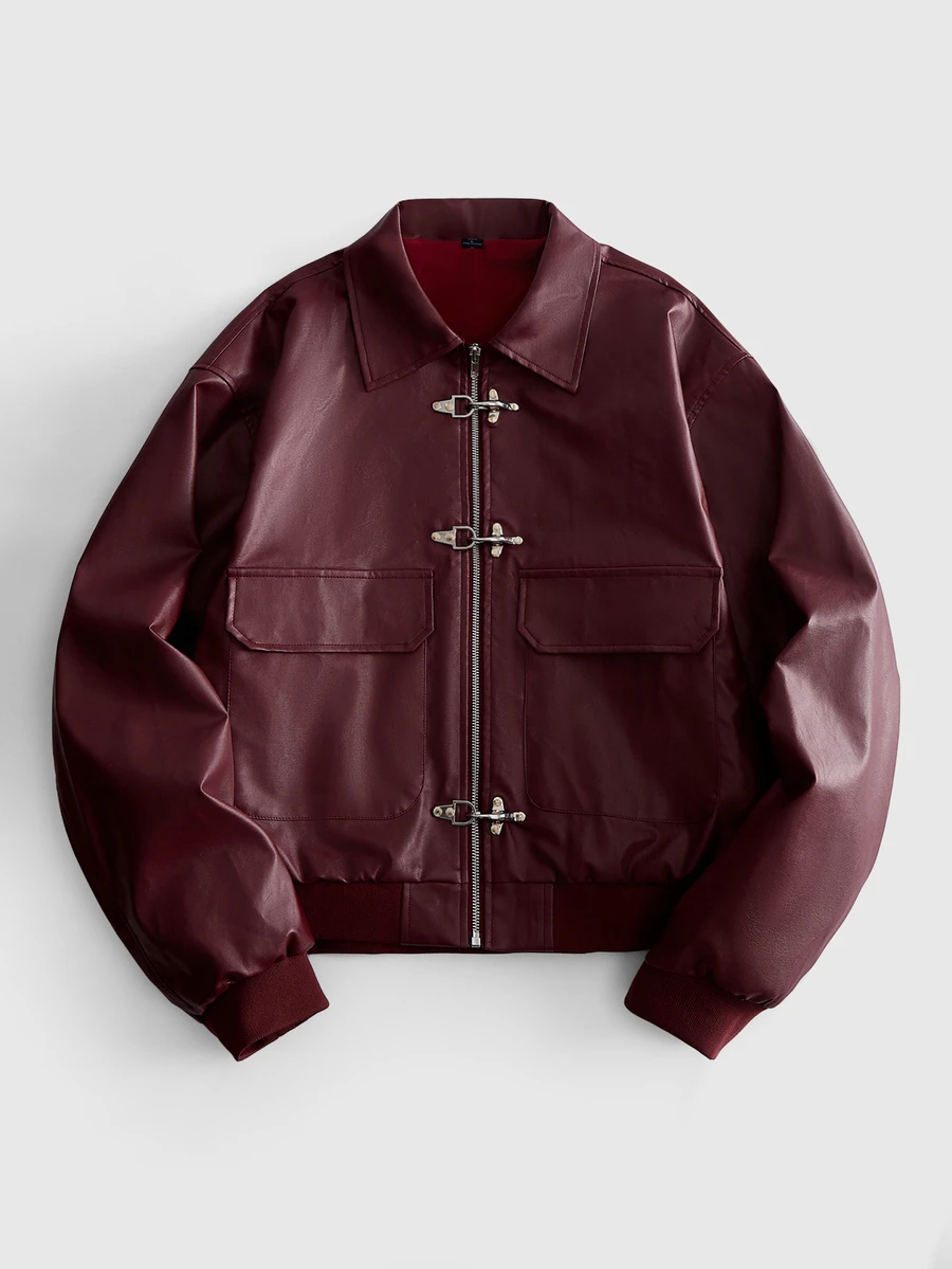ROMWE MEN Street Life Men's Solid Color Airplane Buckle Zipper Placket Long Sleeve PU Leather Jacket - Burgundy - View 1